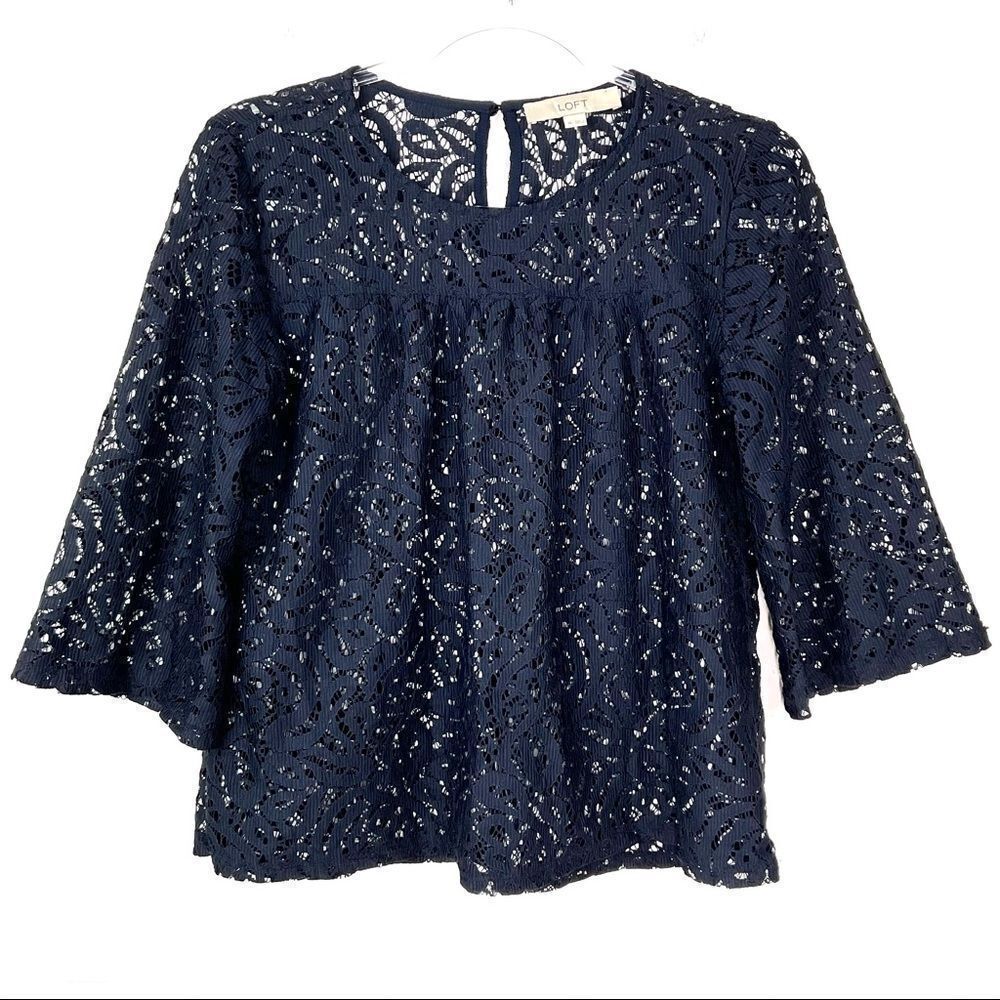 4/$16 LOFT Dark Blue Lace Crochet 3/4 Sleeve Top XS